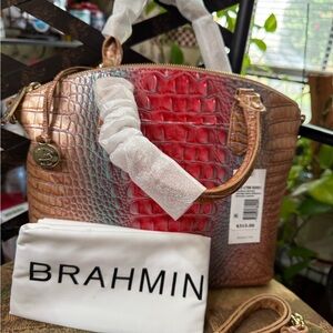 Brahmin Red and Brown Croc-Embossed Satchel & Matching Wallet